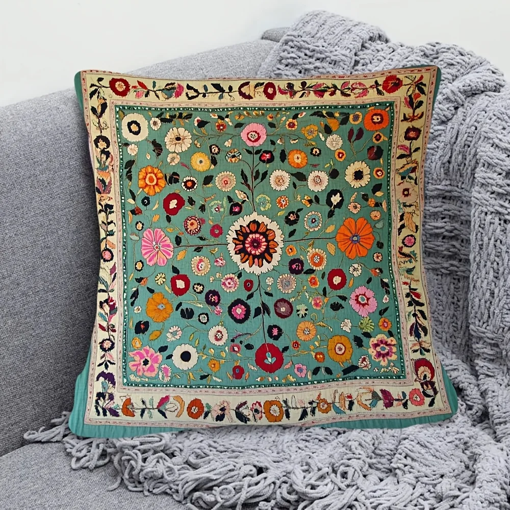 1 funda de almohada exótica con estampado floral étnico, funda de cojín de poliéster de doble cara 2D, funda de almohada decorativa estilo bohemio Suzani, regalo para amantes del estilo bohemio.