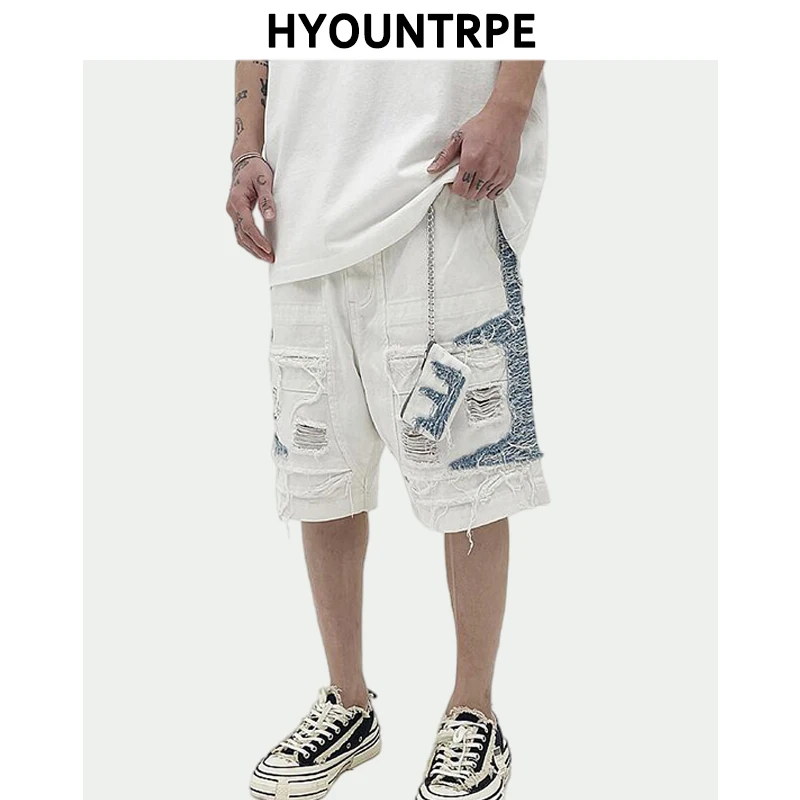 Mens High Street Denim Jean Shorts Casual Loose Destroyed Ripped Holes Loose Shorts Patchwork Hip Hop Streetwear Short Joggers