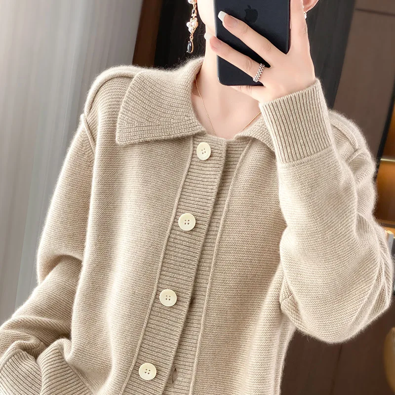 100% Merino Wool Coat Women\'s Clothing Lapel Cardigan Autumn Winter New Tops Fashionable Korean Loose Knit Shirt Long Sleeves