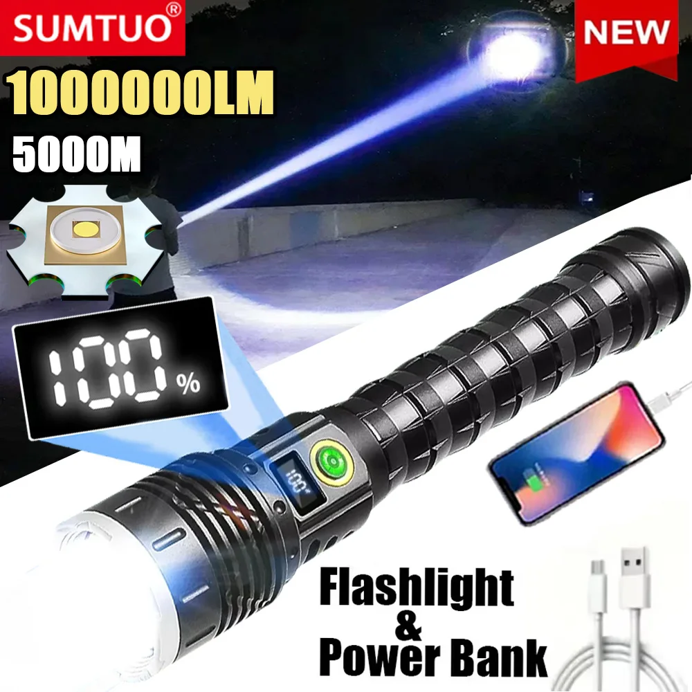 High Power Led Flashlight Type-c Usb Rechargeable Long Range Tactical Torch Strong Light Lamp Outdoor Ultra Powerful Flash Light