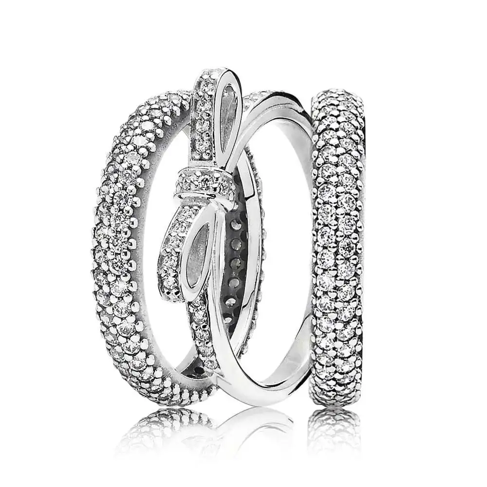 925 Sterling Silver Sparking Bow Rings Stack Set Fashion Pandora Style Jewelry Set For Women