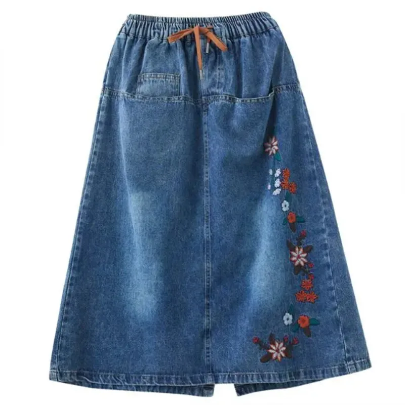 

Spring Summer Mid-Long Printing Denim Skirt Women 2023 New High-Waisted One-Step Skirt Big Pocket Split Seven-Point Skirt Female