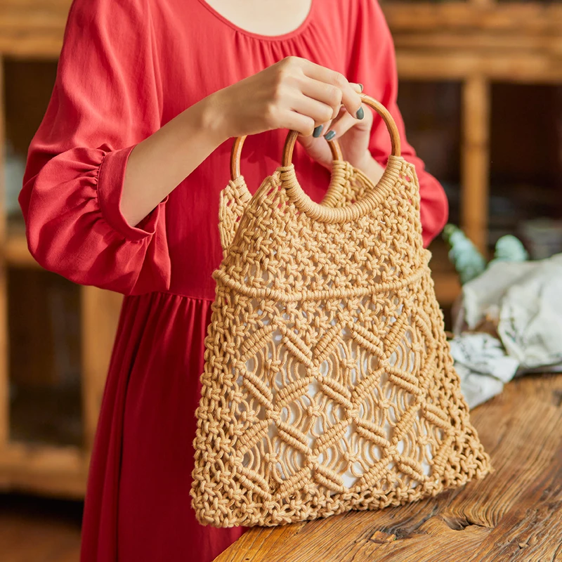 

Vintage Wooden Handle Rattan Women Handbags Wicker Woven Hollow Lady Large Tote Casual Summer Beach Straw Bag Travel Big Purses