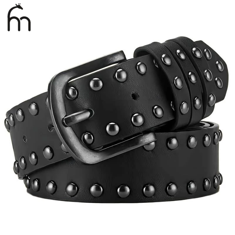 Y2K Punk Nieten-Gürtel Vintage Gothic Rock Schwarzer PU-Leder Taillengürtel Verstellbar für Jeans Hosen Cosplay Party Streetwear