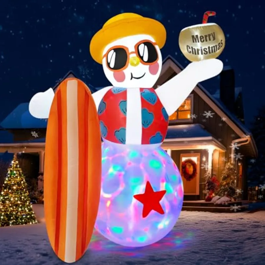 8 pies divertidos inflables de Navidad decoración al aire libre tabla de surf inflable hawaiana de muñeco de nieve con LED giratorios para Navidad en la playa