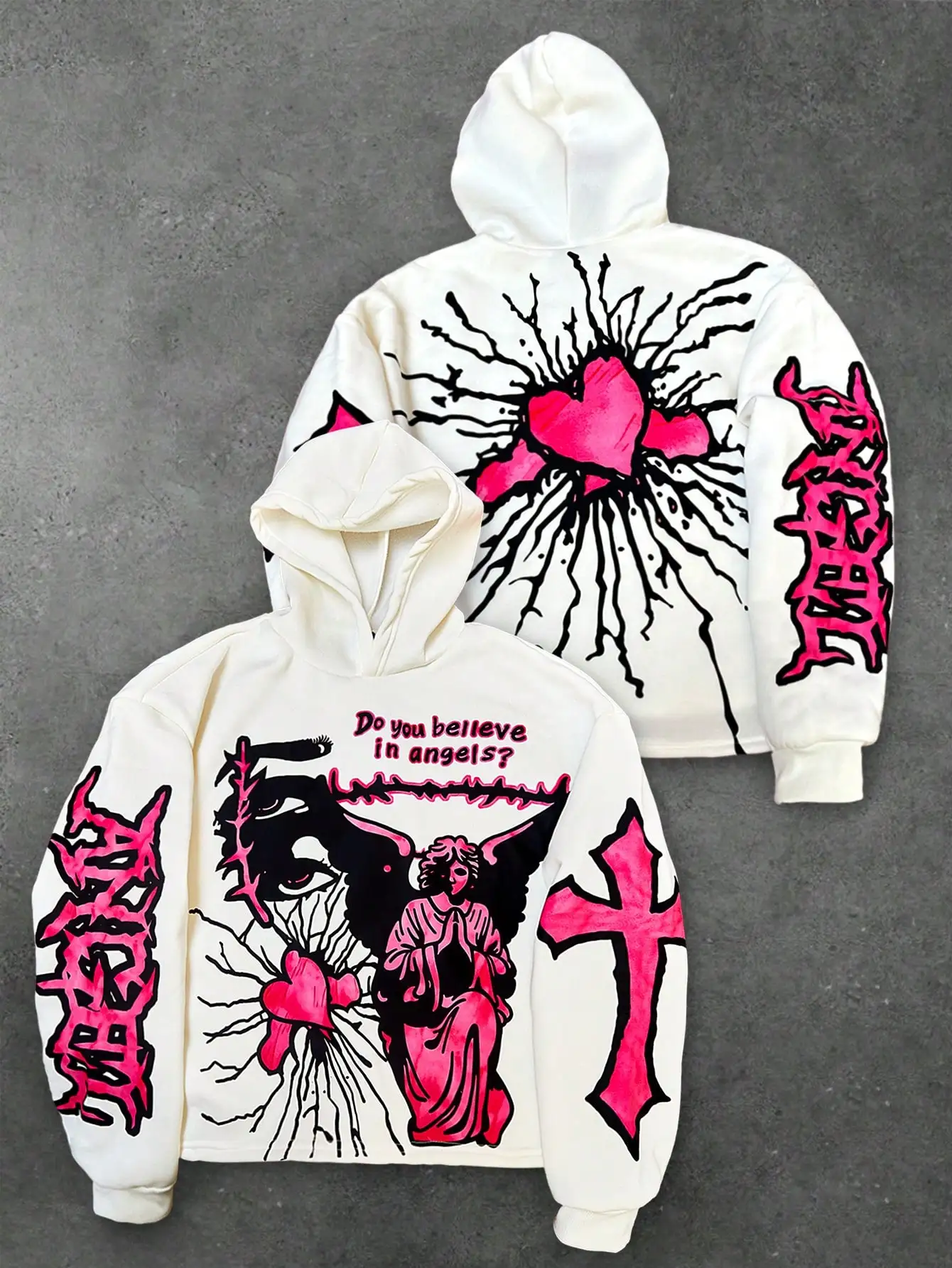 

Men's Streetwear Hoodie with Pink Heart,Angel,and Cross Gothic Print,Perfect for Fall/winter Streetwear,for Your Boyfriend