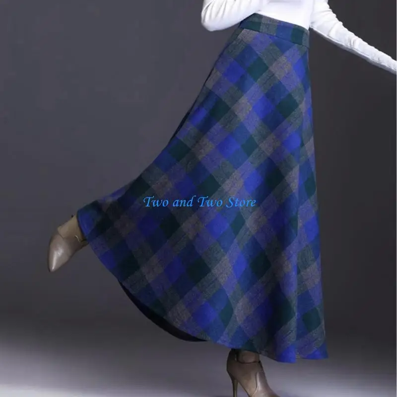 

HX6F Women's Lattice Skirt Warm Elastic Waist Wool A-Line Pleated Tartan Winter Long Skirts