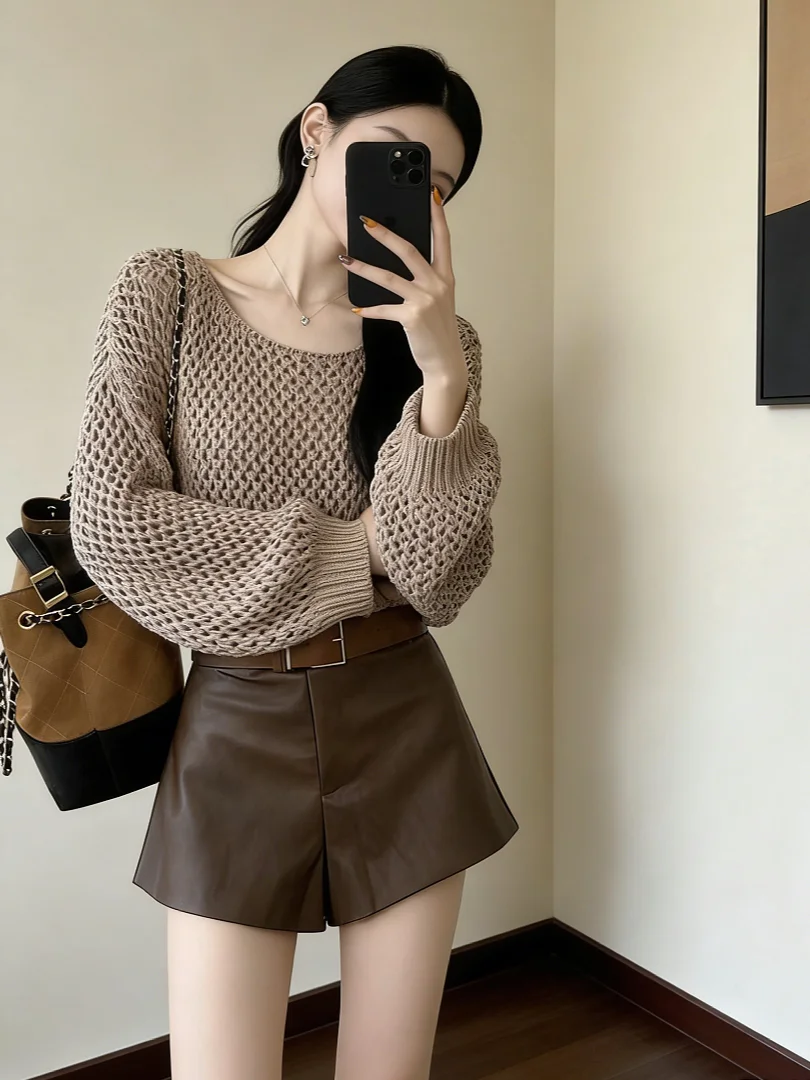 

Unique Design Knitted Top And Shorts Set Hollow out Lazy Style Autumn Fashion Women's High Waist Short Pants Ensemble