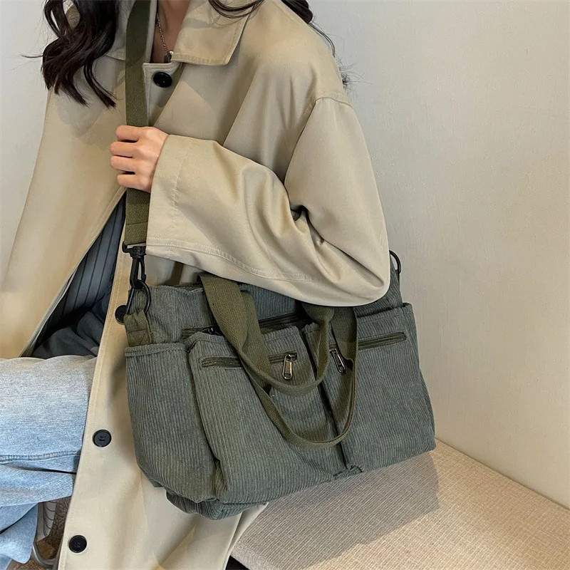 Female Large Capacity Corduroy Tote Bag New Korean Style Fashion Women Shoulder Crossbody Bag Worker Commuter Tote Handlebag