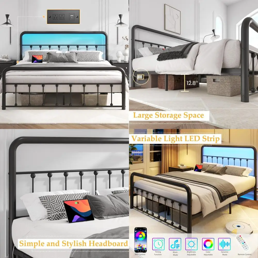 

Классический 14-дюймовый металлический каркас кровати на платформе в викторианском стиле с зарядной станцией и светодиодной подсветкой, с изголовьем Iron-Art и F