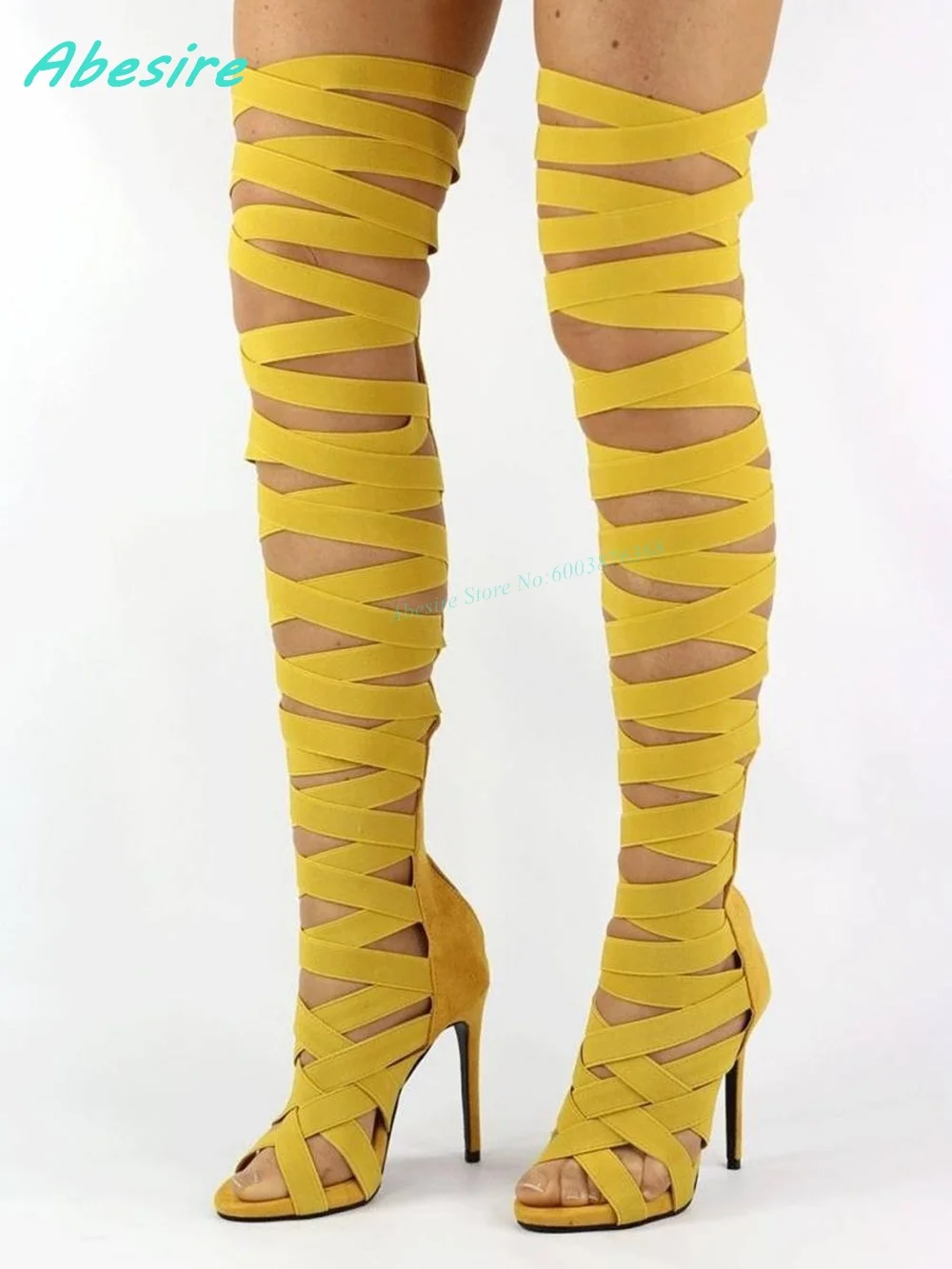 

Yellow Strap Patchwork Hollow Out Sandal Boots Peep Toe Thin Heels Back-Zipper Shoes for Women Spicy Girls Party Sexy Y2K Shoes