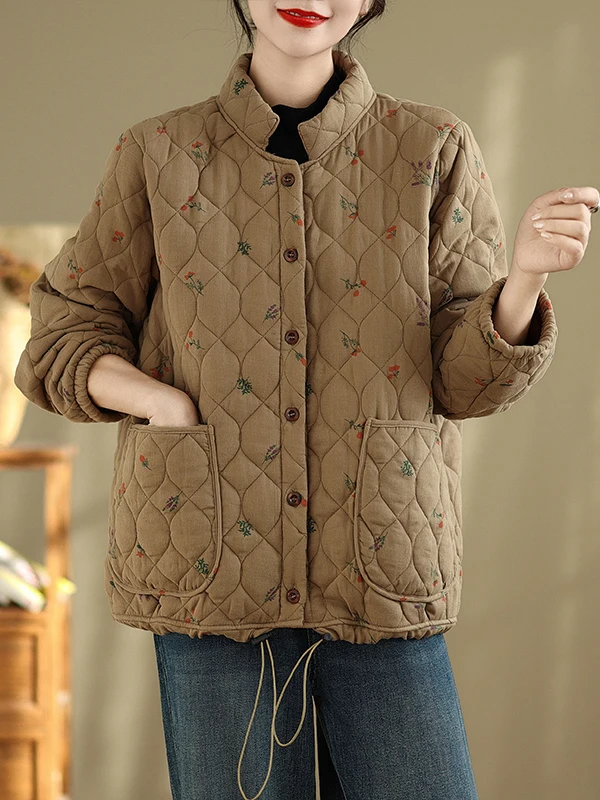 Jaket Wanita Katun Thiened Bergaya Retro Artistik, Motif Kasual Musim Dingin, Cocok Semua Musim, Kerah Tegak, Lengan Panjang, Kancing Tunggal