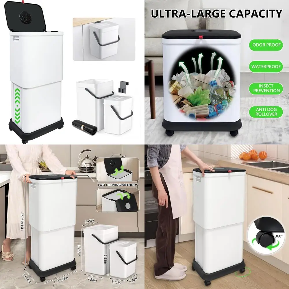 

Adjustable Capacity Kitchen Trash Can with Lid, 20L to 45L, Includes Two Hanging Cans for Versatile Garbage Disposal Options