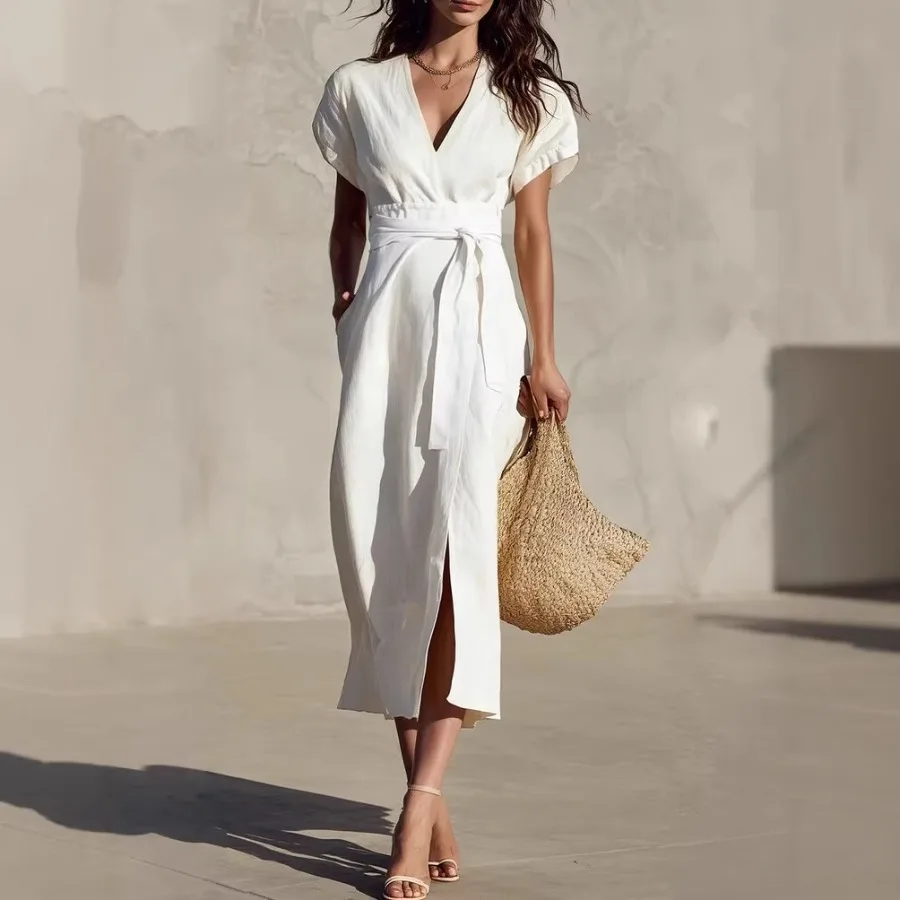 

【New style】2026 new European and American - casual simple solid color lace V-neck pocket medium length dress