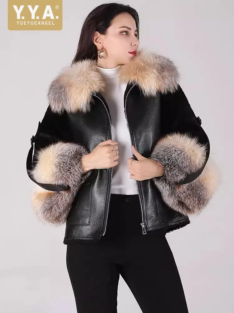 Luxury Fox Fur Collar Office Ladies New Winter Elegant Sheep Shearling Short Coat Zipper Warm Genuine Leather Real Fur Jackets