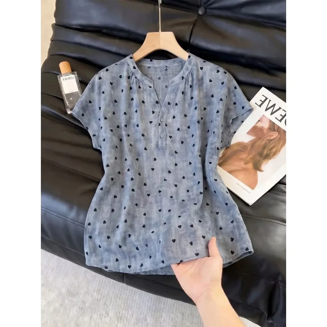 

Breathable Cotton Linen Base Shirt Women's plus Size Summer New Polka Dot Short Sleeve T-Shirt Comfortable Casual Top