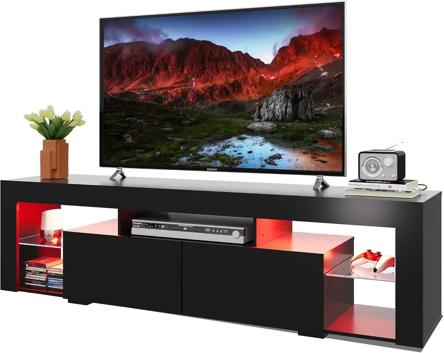 

63 Inch TV Stand, LED Entertainment Center for 60 to 70 Inch TV, Modern TV Console with 2 Drawers, TV Stands for Living Room