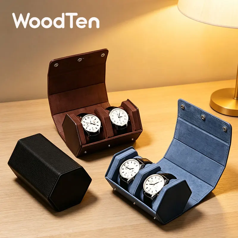 

WoodTen Portable Watch Box Leather Watch Organizer Hexagon Watch Storage Box With Pillow Wristwatch Bag Birthday Gift Watch Case