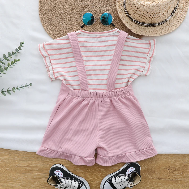 Summer fashion striped romper pants and short-sleeved shorts set for female infants and toddlers
