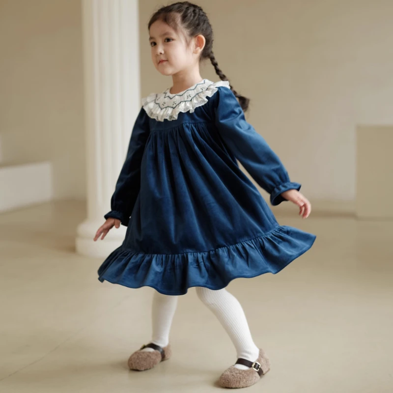 Ins شتاء جديد الفتيات المخملية فستان عيد الميلاد اليدوية طوق سميكة نسخة فستان زهرة الفتيات الحلو Smocking فستان #3