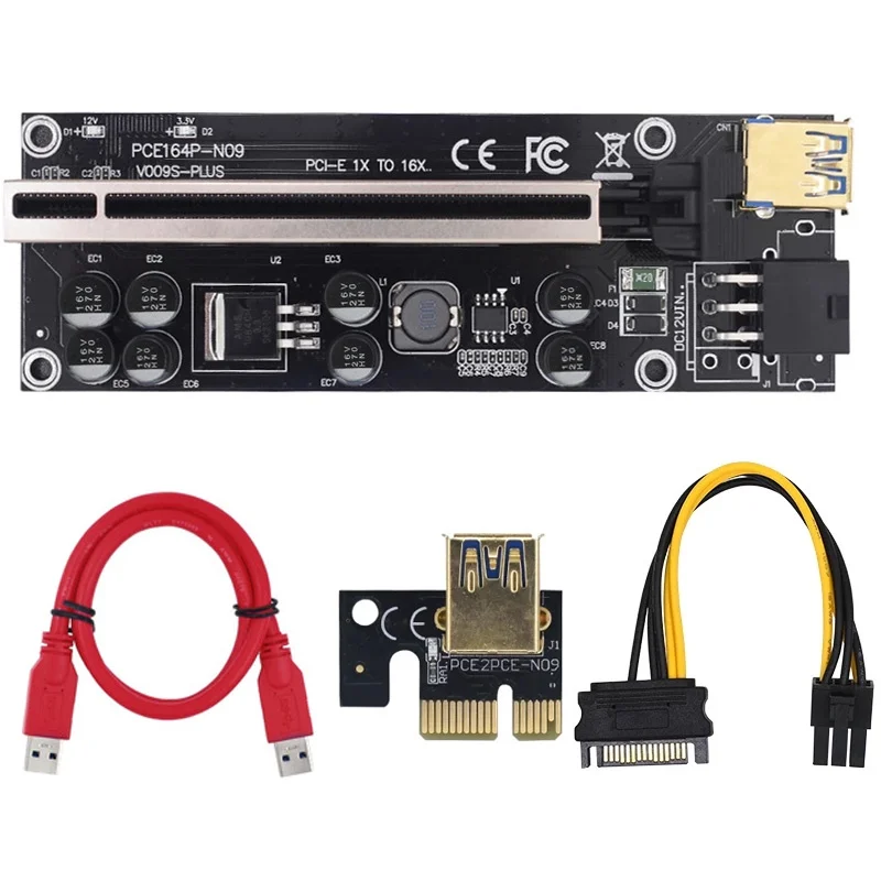 VER009S Plus PCIE Riser Card PCI Express Adapter Molex 6Pin SATA USB 3.0 Cable 1X to 16X Extender
