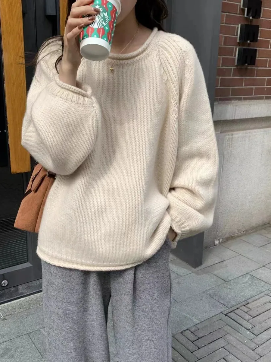 

2023 autumn winter new 100% pure cashmere sweater women with thick rolled edge round neck loose and lazy knit sweater