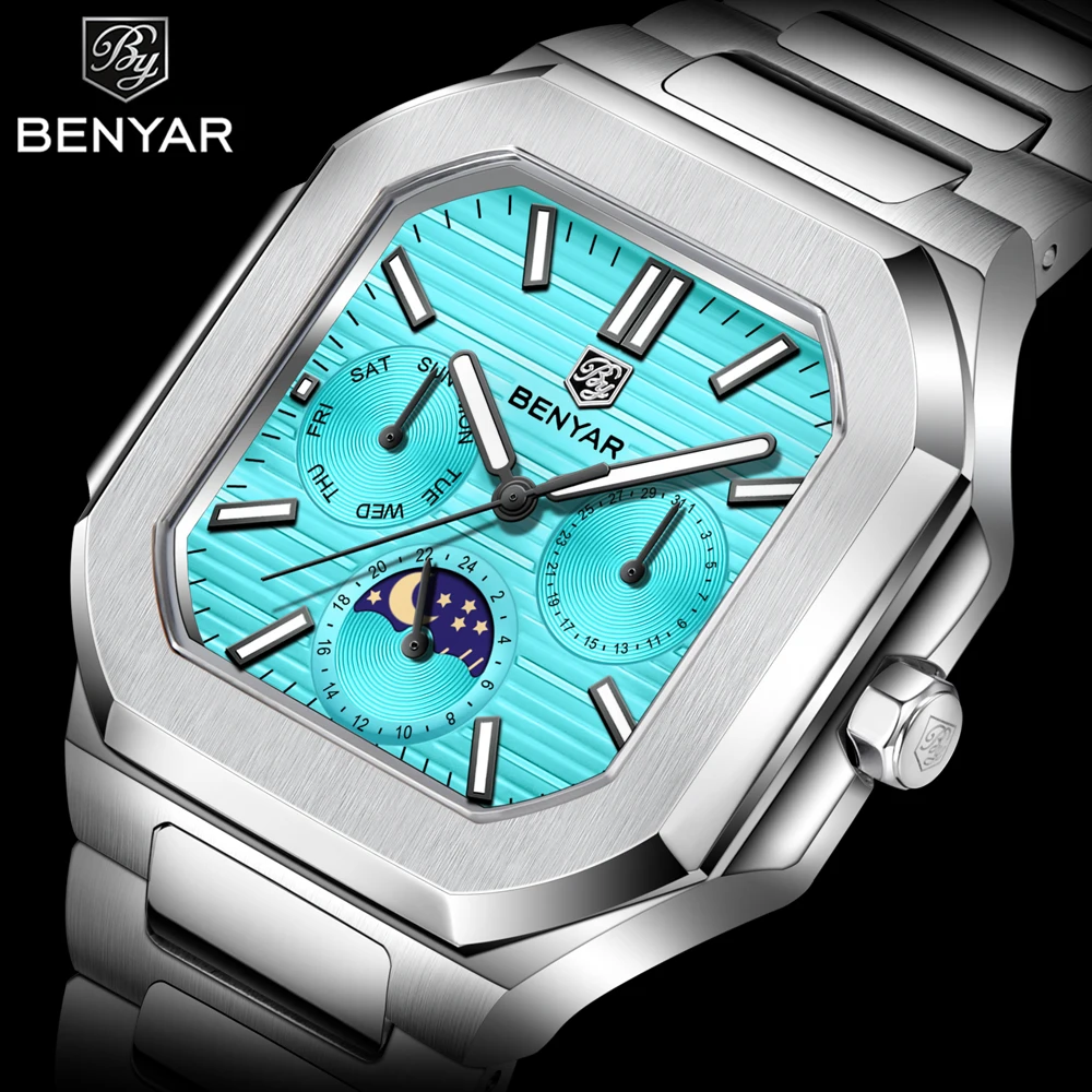 benyar-2025-new-men's-quartz-watch-pe806-square-stainless-steel-weekly-display-business-men's-watch-luminous-moonphase-watch