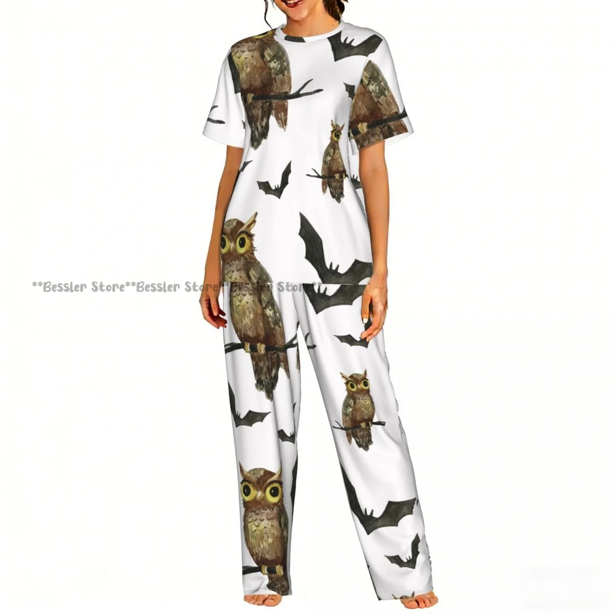 

Женский комплект из 2 предметов: пижама с принтом сов и летучих мышей на Хэллоуин, топ с короткими рукавами и брюки, одежда для сна