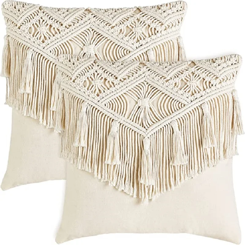 Braided Rope Fringe Pillowcase Hand Woven Boho Pillow Cushion Living Room Bedroom Sofa Geometric Pattern Decorative Pillow