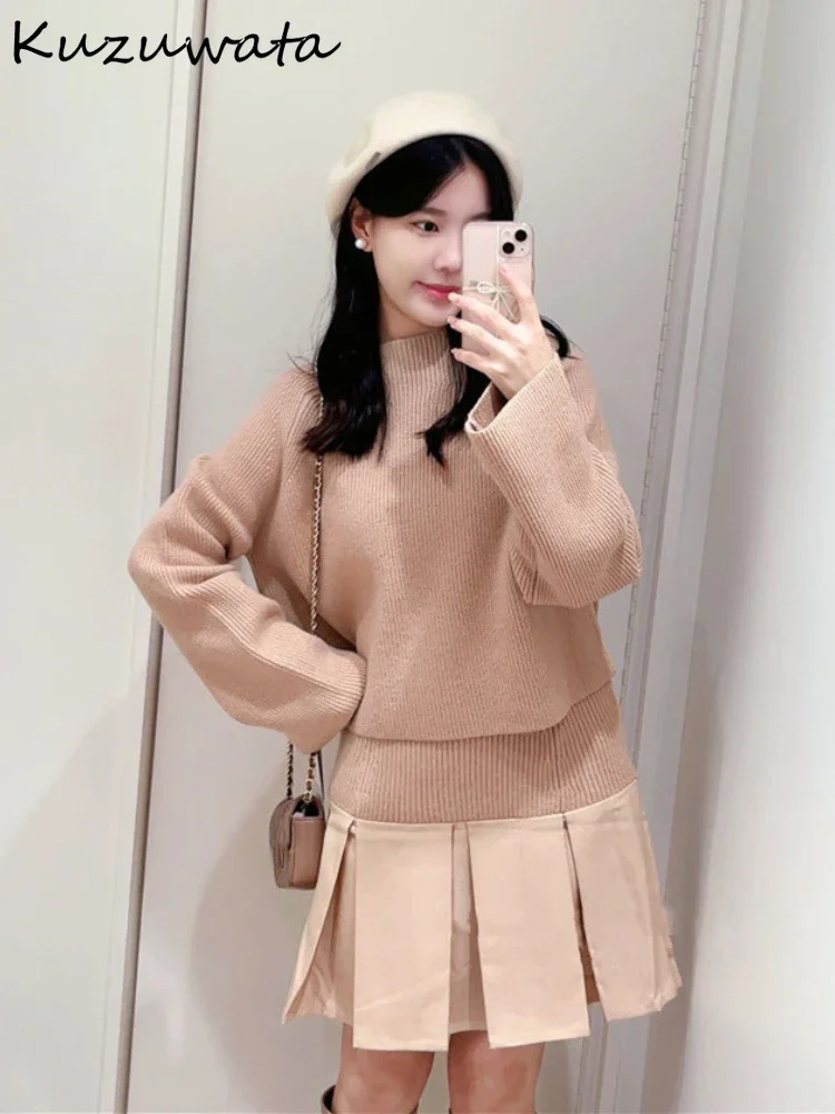 Kuzuwata Half-high Collar Long Sleeve Sweet Sets Pullovers+knit Patchwork Ruched Slim Fit Skirt Japan Moda Elegant Suits Faldas