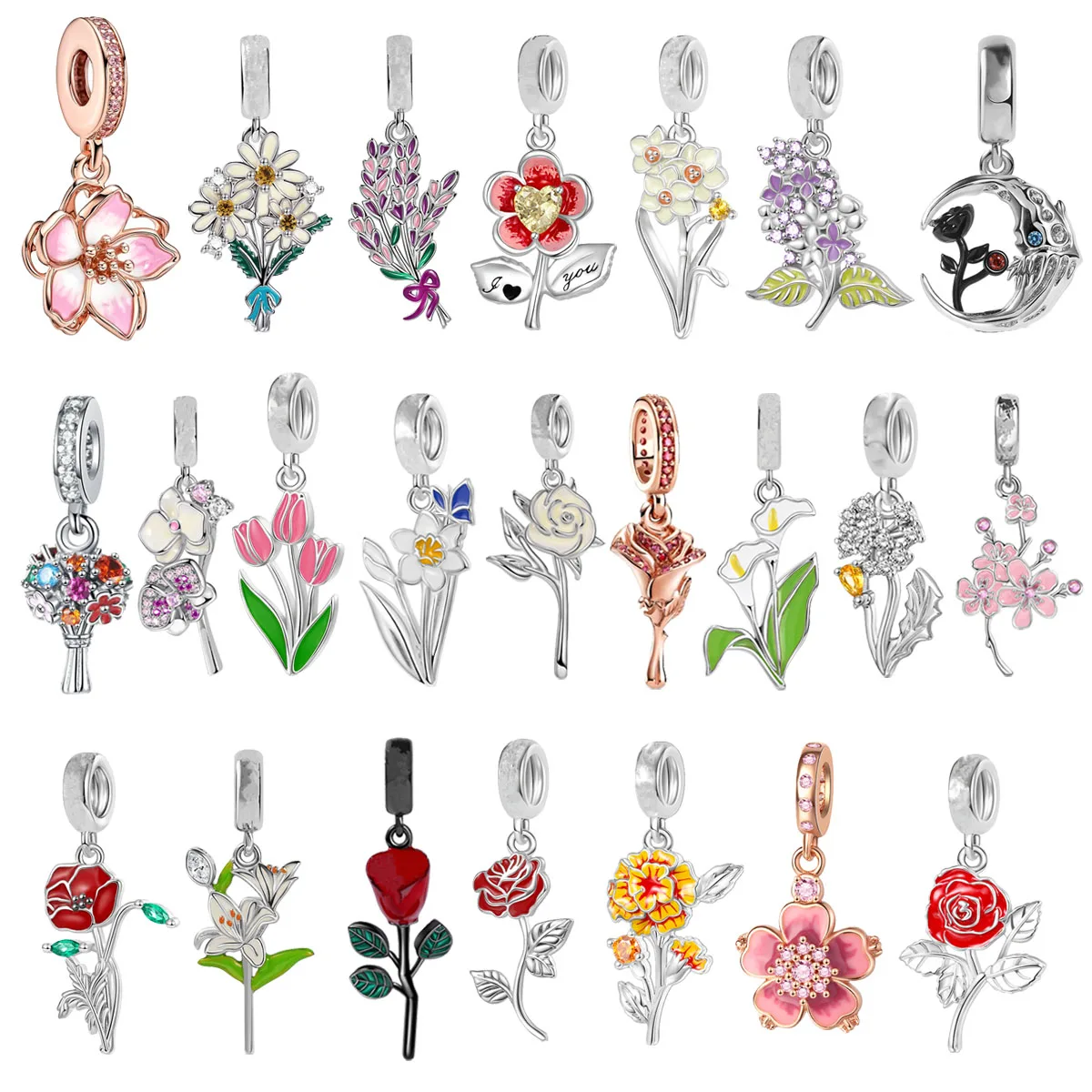 Rose Tulip Lilac Lavender Daisy Moth Orchid Flower Dangle Charm Beads Fit Original European 925 Sterling Silver Bracelet Jewelry