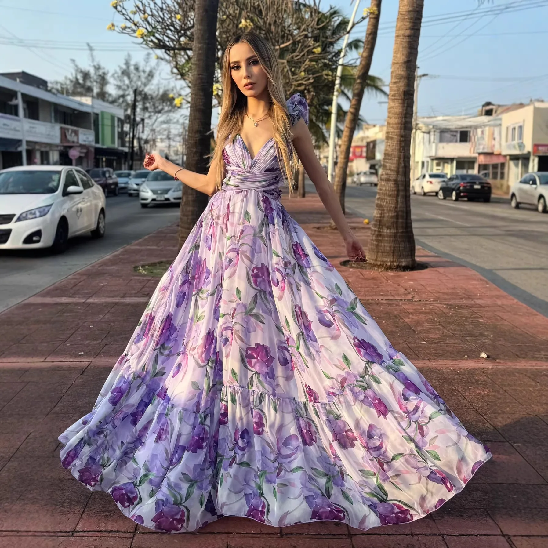 2026 Summer New Fashion Women's Dress With Printed Design, Back Tie, Large Hem, Elegant Long Dress For Women Boho Casual Party