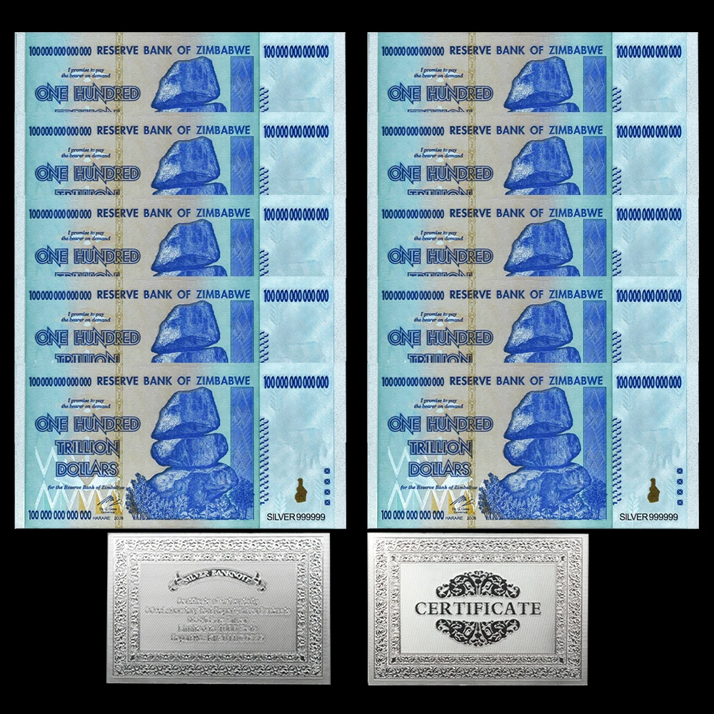 1000pcs/lot Zimbabwe One Hundred Trillion Dollars Silver Banknotes Uncurrency Paper Money Home Decor Souvenirs