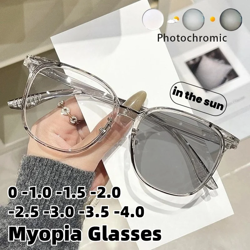 

Square Frame Photochromic Anti-Blue Light Myopia Glasses Outdoor Sports High-Definition UV Protection Eyewear Diopter 0 To -4.0