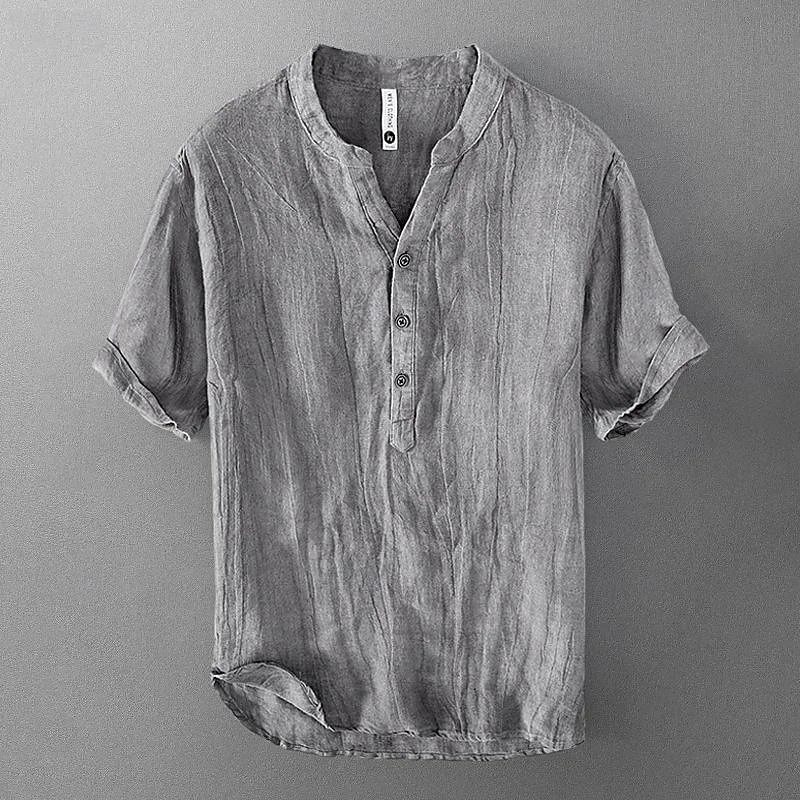 

Fashionable and casual men's cotton and linen solid color short sleeved shirt