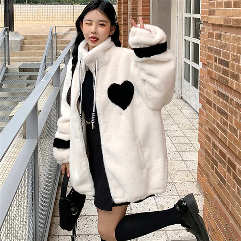 Faux Mink Fur Jacket Women Winter White Plush Coat Heart-Shaped Fashion Spliced Zipper Fur Coat Female Thick Warm Overcoat