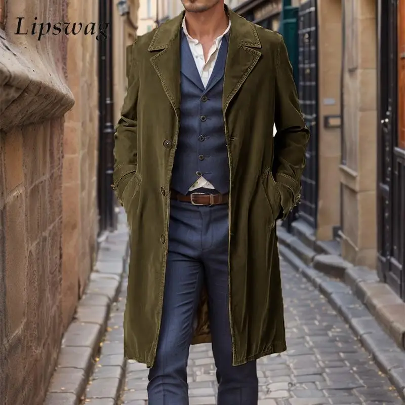 Streetwear Mens Windbreaker Trench Autumn Vintage Solid Color Corduroy Coats Men Fashionable Lapel Single Breasted Mid Jackets