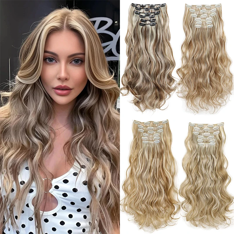 Synthetic 24Inch 16Clips Long Curly Hair Extension Heat Resistant Hair Extension Clips In Ombre Black Brown Blond Women