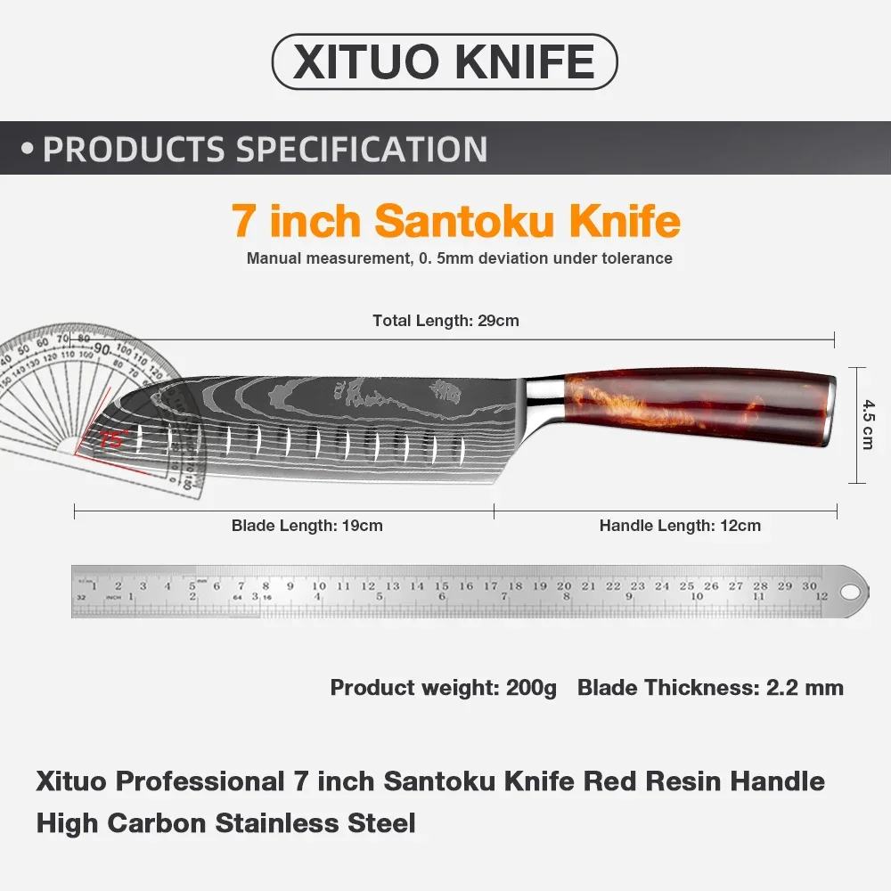 7 Inch Santoku Knife Kitchen Knives Ultra Sharp Japanese Chefs Knife Pro Chopping Knife Damascus Laser Pattern Resin Handle