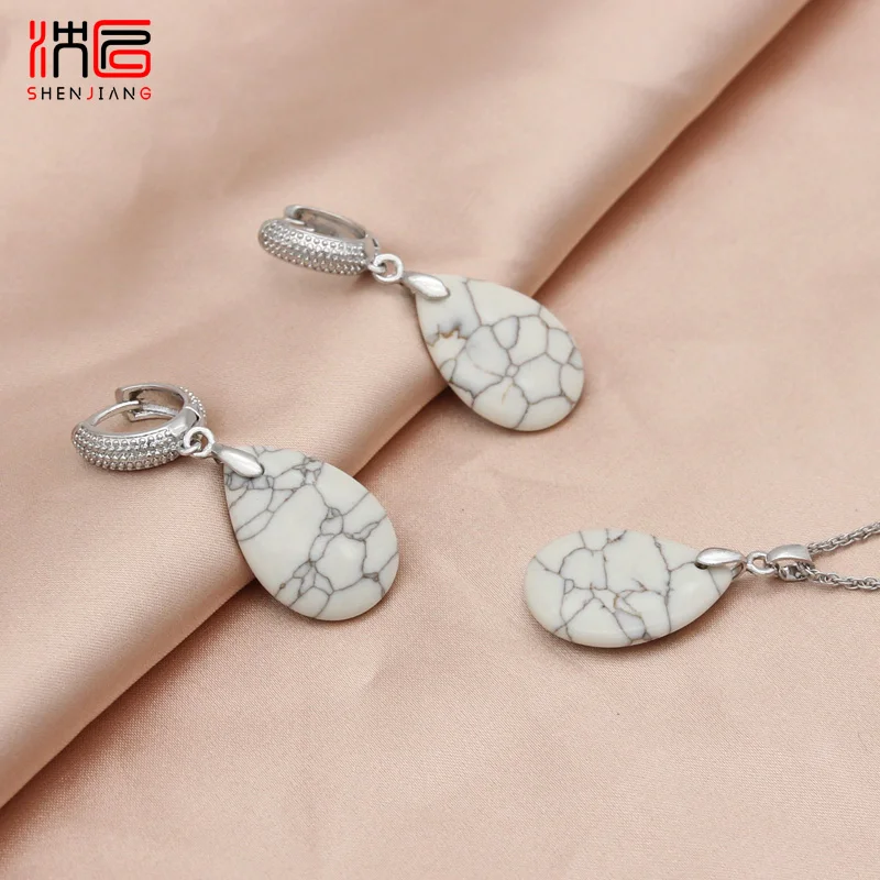 SHENJIANG New Vintage Water Drop Synthetic Turquoises Dangle Earrings Jewelry Sets For Women Wedding Pendant Necklace
