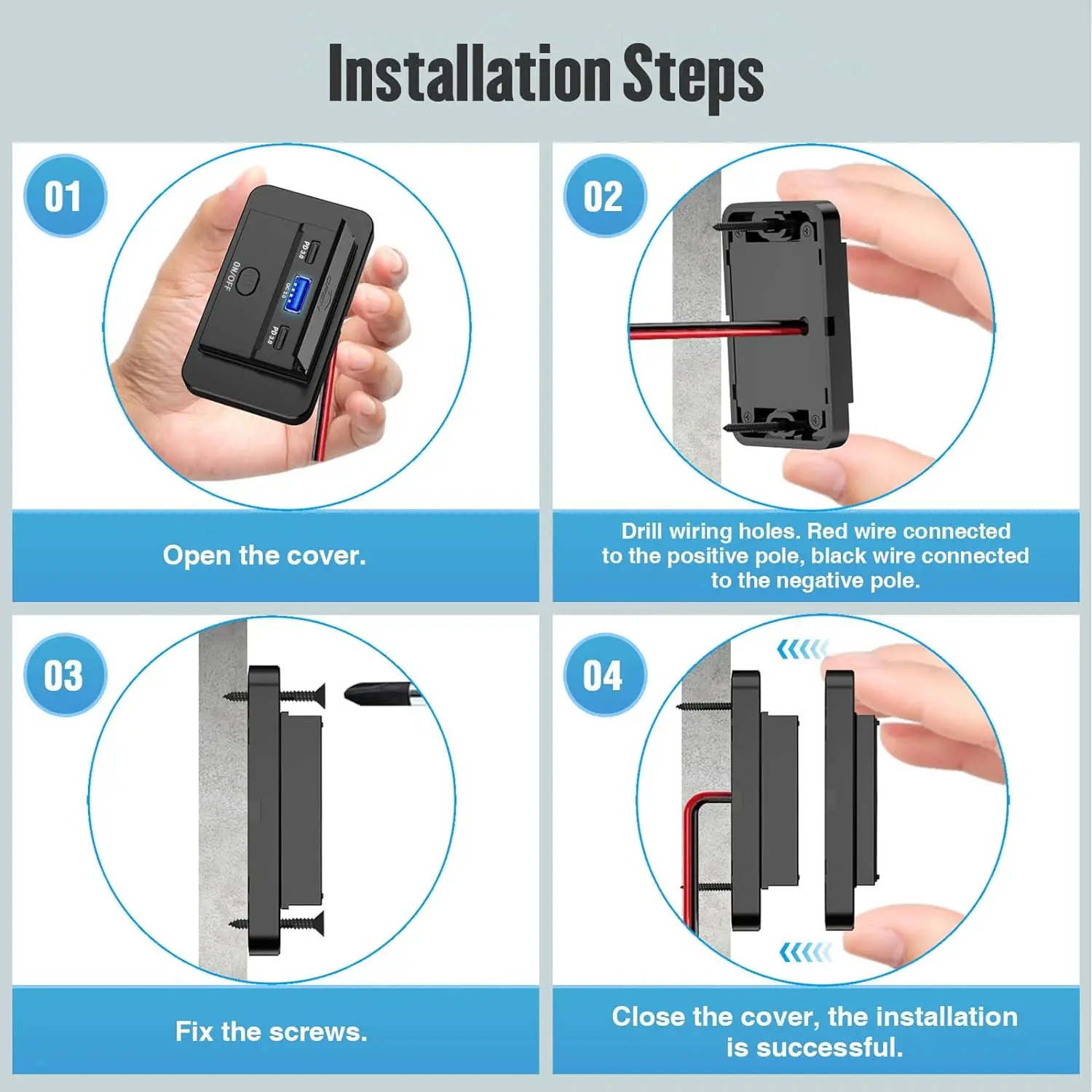 USB Charger Socket Panel Wall Mount Dual PD 3.0 and QC 3.0 Port Power Outlet Accessories for 12V Marine Boat Bus RV Truck