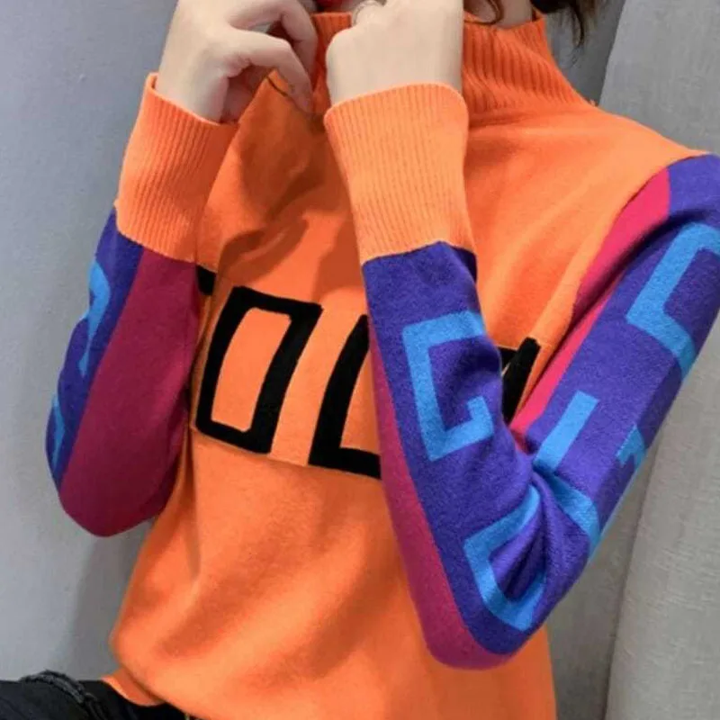 Camisola de manga comprida feminina, meia gola alta, moda contrastante, tendência versátil, estilo casual, outono e inverno, novo, 2023