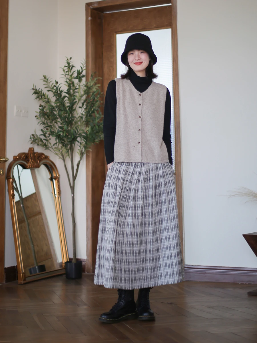 

New 2026 Cotton Linen A-Line Midi Skirt Versatile Autumn Winter Retro f-length Skirts ket Detail Mid-waist Design