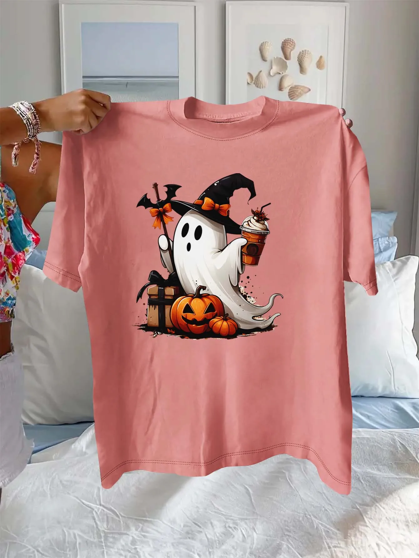 

Плюс размер Хэллоуин Призрак Ведьма Шляпа Тыква Кофе Графический Модный Топ