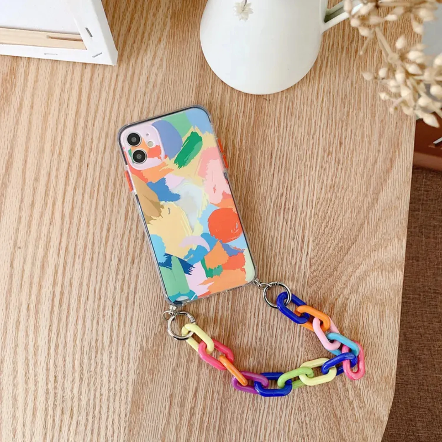 Stylish, colorful, and durable abstract graffiti protective case with detachable chain for iPhone 7/8/SE 2020/11/12/13/14 Mini/1