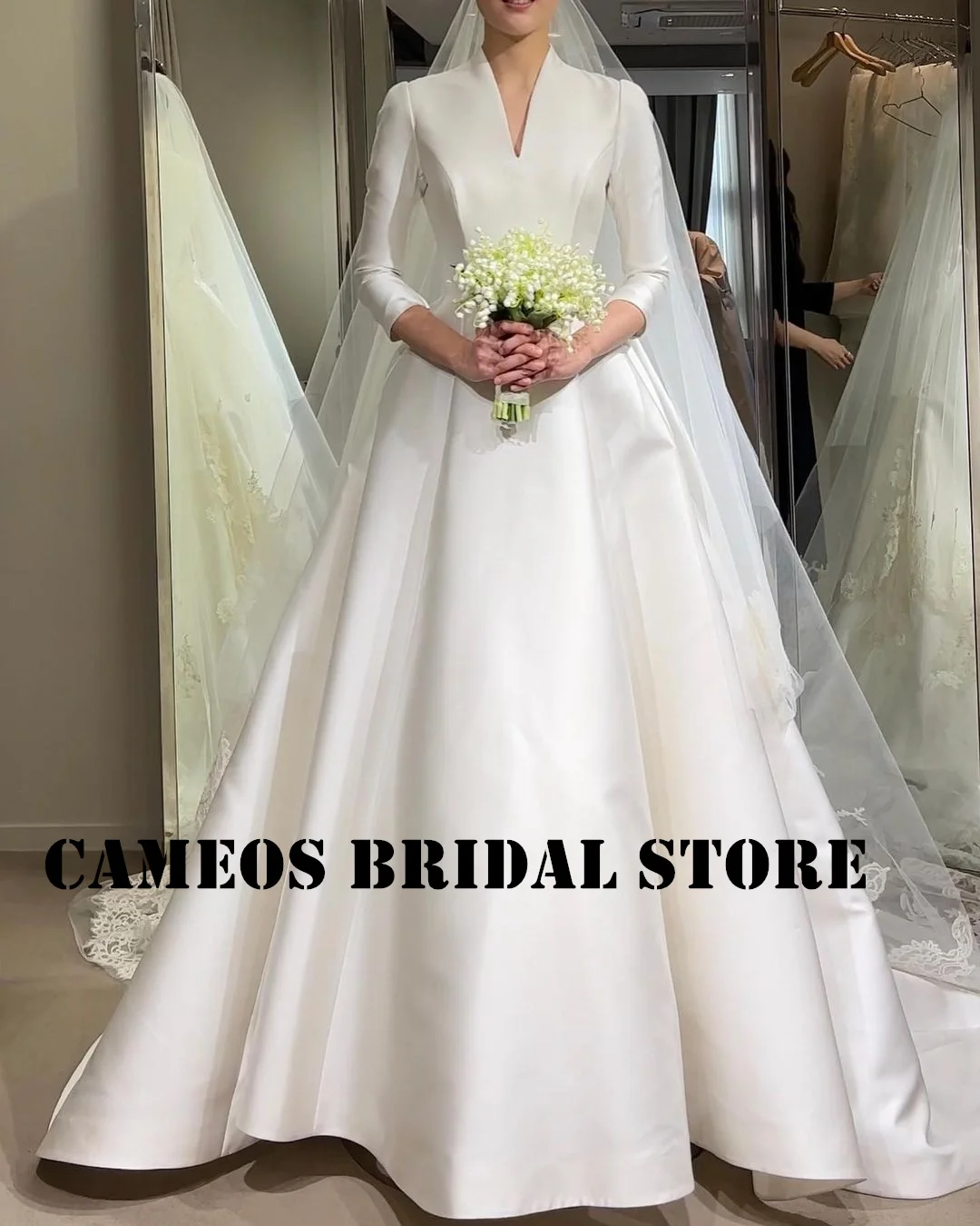 SONDR Customized V-Neck Elegant Long Sleeve Wedding Dresses A-Line Satin Elegant Evening Ivory Bride Gowns Women Bridal Dresses