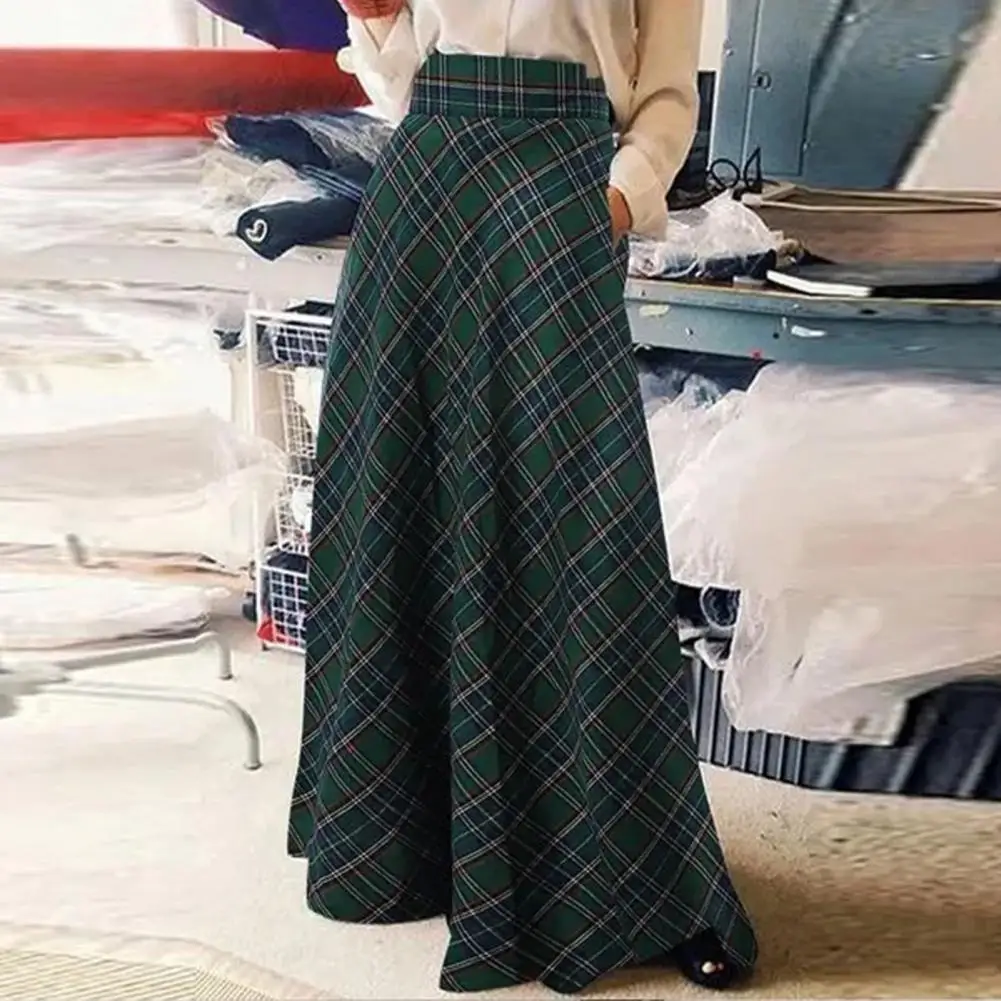 Spring Autumn Women Maxi Skirt A-Line Plaid Print High Waist Floor Length Large Hem Skirt Comfortable Plaid Print Lady Skirt