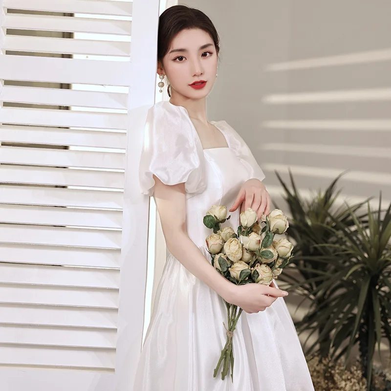 N11145 White Dresses Princess Floor Length Square Collar Lace Up Back Gown Short Sleeves Sexy Bride Dress For Wedding Party