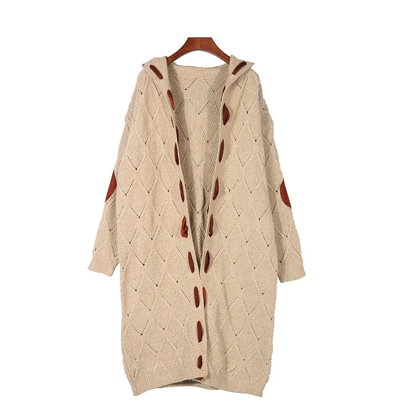 Vintage Women Oversized Hooded Long Cardigan Knitted Sweater Jumper Sweaters Knitted Plaid Casual Brown Coat Jersey Mujer Jacket