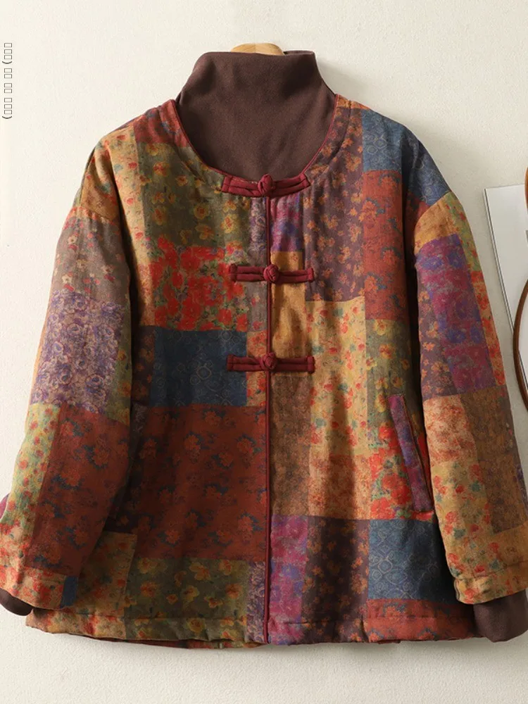 

Ретро-куртка из хлопка и льна с воротником-стойкой на пуговицах, имитация двухслойности, женская зимняя утепленная куртка с национальным принтом